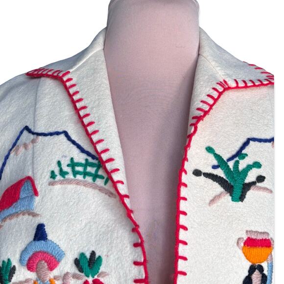 Vintage Hand Embroidered Folk Art Jacket Mexican Southwestern Wool Coat Medium - Picture 3 of 16